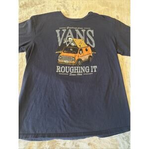 Vans "Roughing It" Graphic T-shirt Men Large Navy Blue Short Sleeve Skeleton